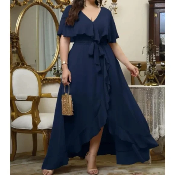 Dresses | Luxe Plus Size Belted Wrap Chiffon Maxi Patty Evening Formal  Wedding Party Dress | Poshmark